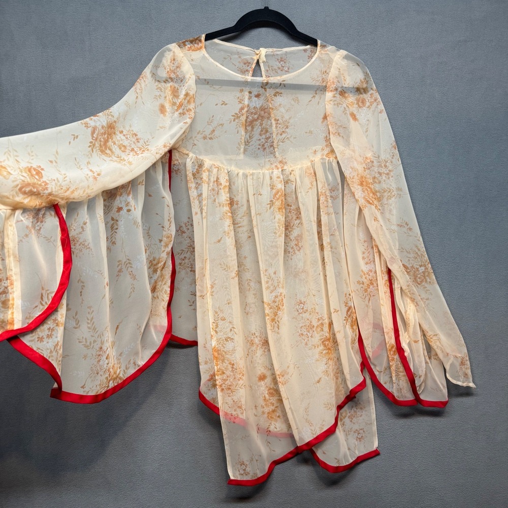 Vtg Handmade Fairy Sheer Floral Ballet Top Beige Orange S Romantic Boho Festival